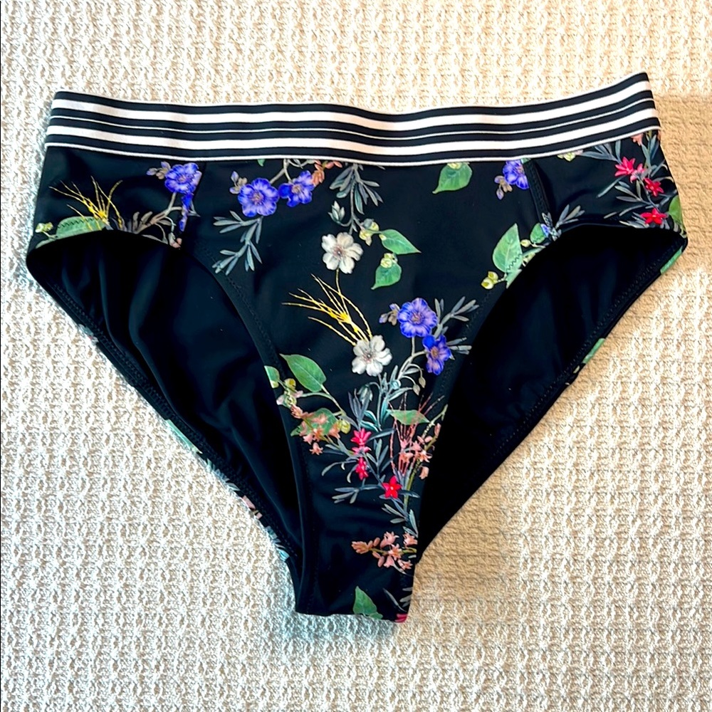 Athleta bathing suit bottoms- women S, black & white stripe waistband, floral